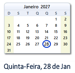28 Janeiro 2027 calendario