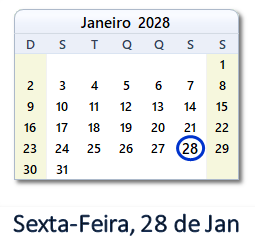 28 Janeiro 2028 calendario