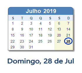 28 Julho 2019 calendario