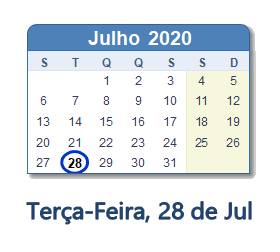 28 Julho 2020 calendario