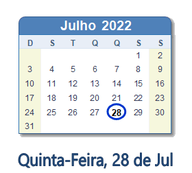 28 Julho 2022 calendario