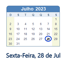 28 Julho 2023 calendario