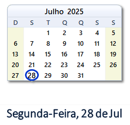 28 Julho 2025 calendario