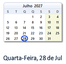 28 Julho 2027 calendario