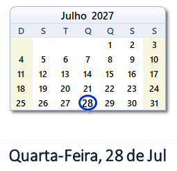 28 Julho 2027 calendario