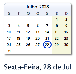 28 Julho 2028 calendario