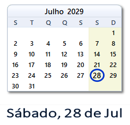 28 Julho 2029 calendario