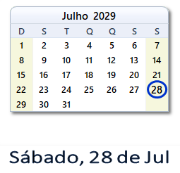 28 Julho 2029 calendario