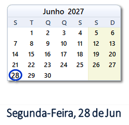 28 Junho 2027 calendario
