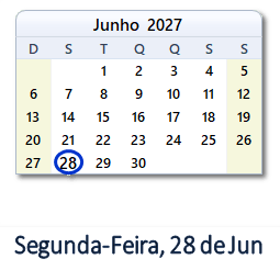 28 Junho 2027 calendario