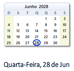 28 Junho 2028 calendario