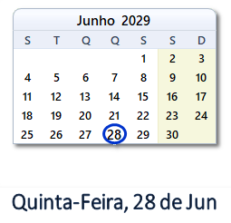 28 Junho 2029 calendario