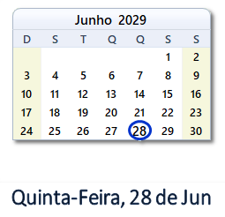 28 Junho 2029 calendario