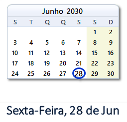 28 Junho 2030 calendario