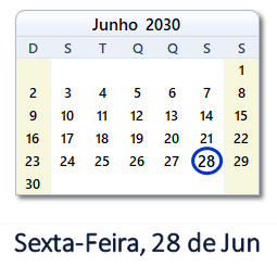 28 Junho 2030 calendario