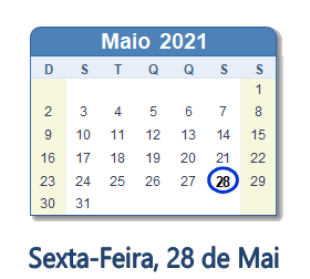 28 Maio 2021 calendario