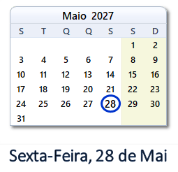 28 Maio 2027 calendario