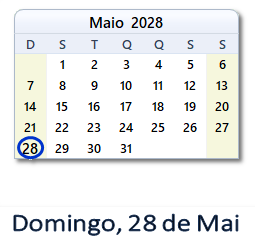 28 Maio 2028 calendario