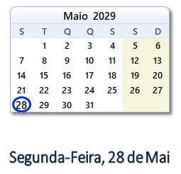 28 Maio 2029 calendario