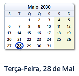 28 Maio 2030 calendario