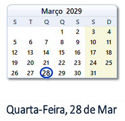 28 Março 2029 calendario