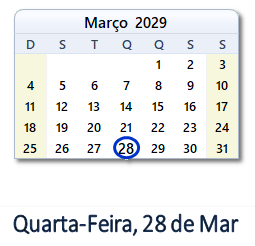 28 Março 2029 calendario