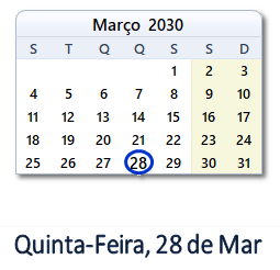 28 Março 2030 calendario