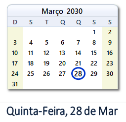 28 Março 2030 calendario