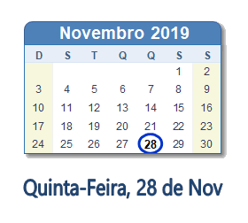 28 Novembro 2019 calendario