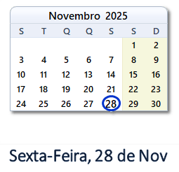 28 Novembro 2025 calendario