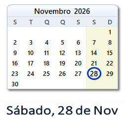 28 Novembro 2026 calendario