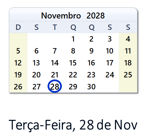 28 de Nov, 2028 Calendário com Feriados e Cont. Regressiva - BRA