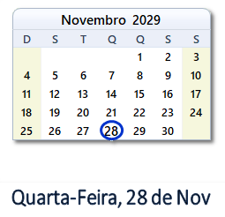 28 Novembro 2029 calendario