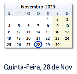 28 Novembro 2030 calendario