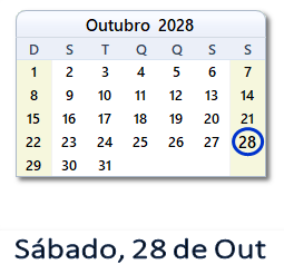 28 Outubro 2028 calendario