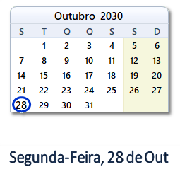 28 Outubro 2030 calendario