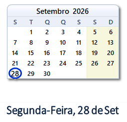 28 Setembro 2026 calendario