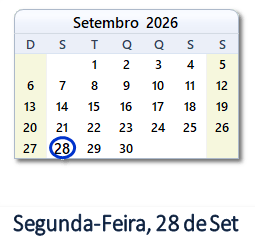 28 Setembro 2026 calendario