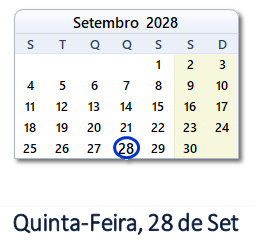 28 Setembro 2028 calendario