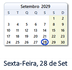 28 Setembro 2029 calendario