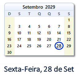 28 Setembro 2029 calendario
