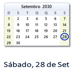 28 Setembro 2030 calendario