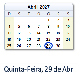 29 Abril 2027 calendario