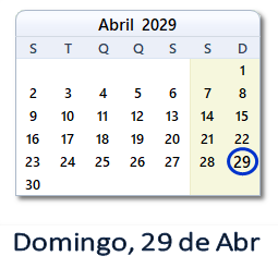 29 Abril 2029 calendario