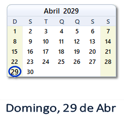 29 Abril 2029 calendario