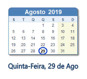 29 Agosto 2019 calendario