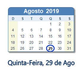 29 Agosto 2019 calendario
