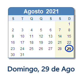 29 Agosto 2021 calendario