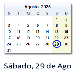 29 Agosto 2026 calendario
