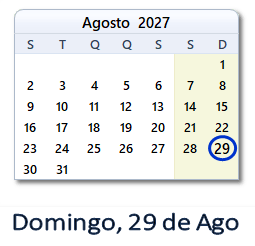 29 Agosto 2027 calendario